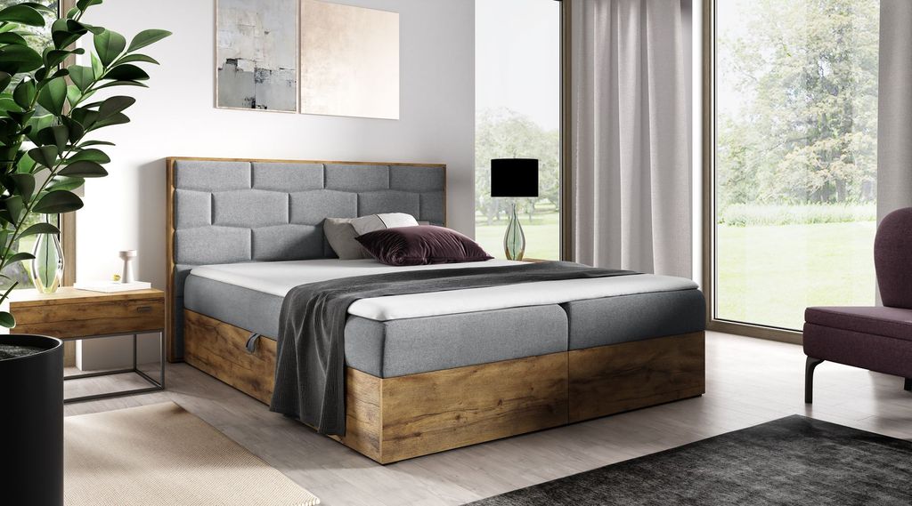 Kontinentales Bett 120x200 CHANTELLE 9 - Eiche Wotan / Grau + Matratzenauflage GRATIS
