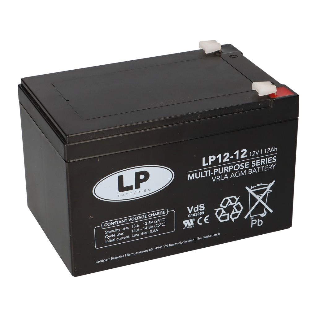 A black battery with white text and logos on a white background.