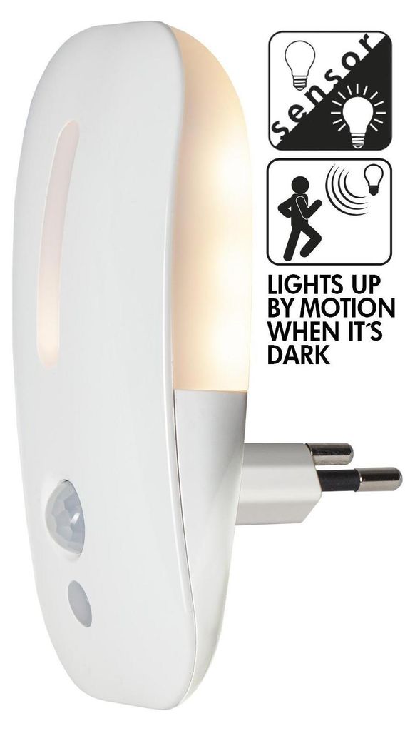 A white motion-activated night light plugged into a wall socket, with illustrative icons and text describing its function.