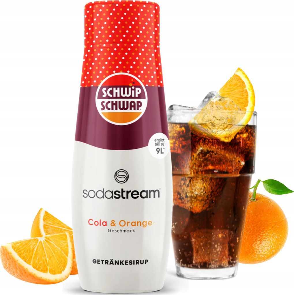 A bottle of Sodastream Schwipp Schwapp syrup with a glass of cola and oranges.