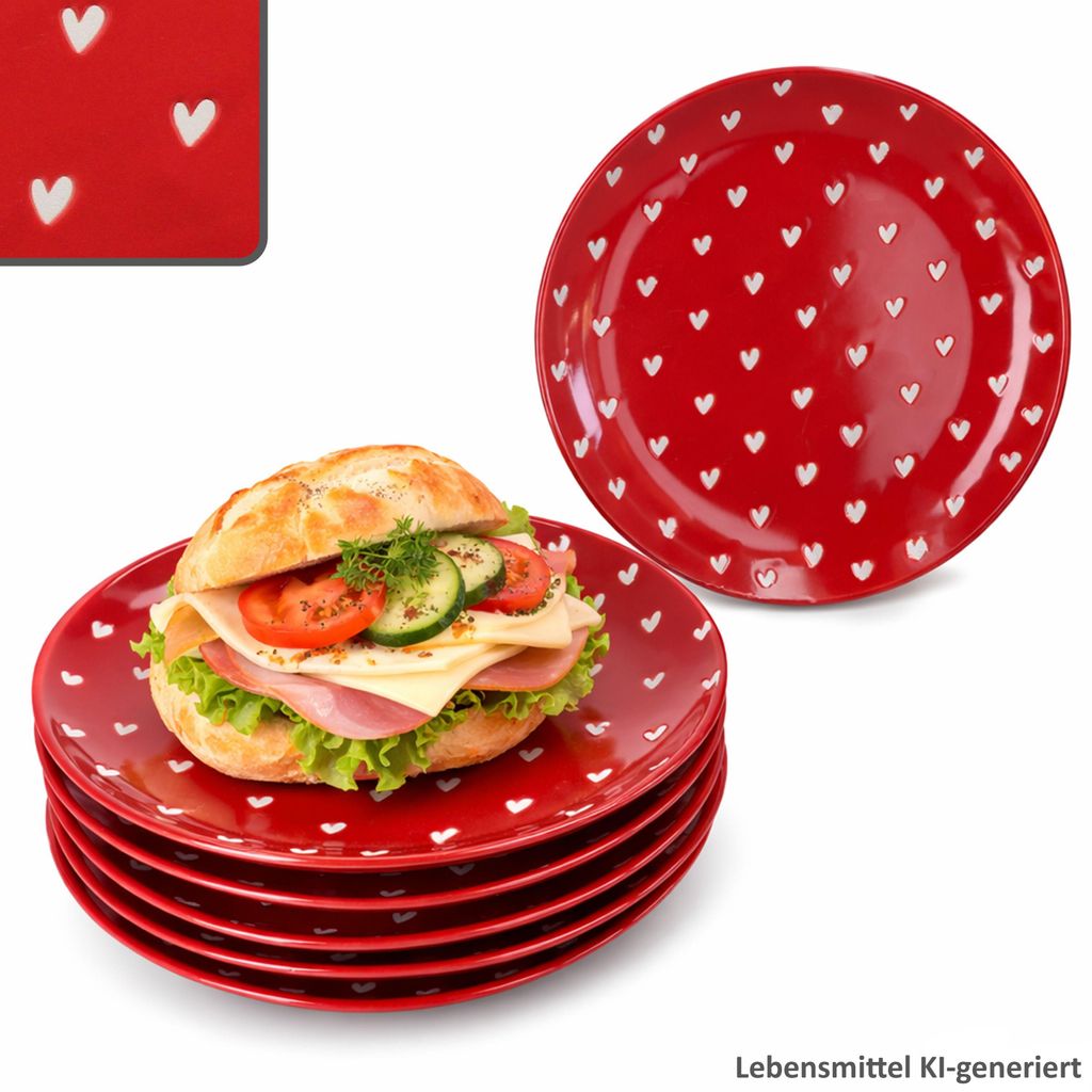 6er Set Love Kuchenteller Porzellan rot weiße Herzen Dessert Frühstück
