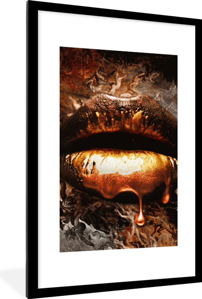 MuchoWow Gerahmtes Poster Gold - Lippen - Kunst - Gold - Luxus - Abstrakt 60x90 cm - Poster mit Schwarzem Bilderrahmen Wandposter Rahmen Foto Bil...