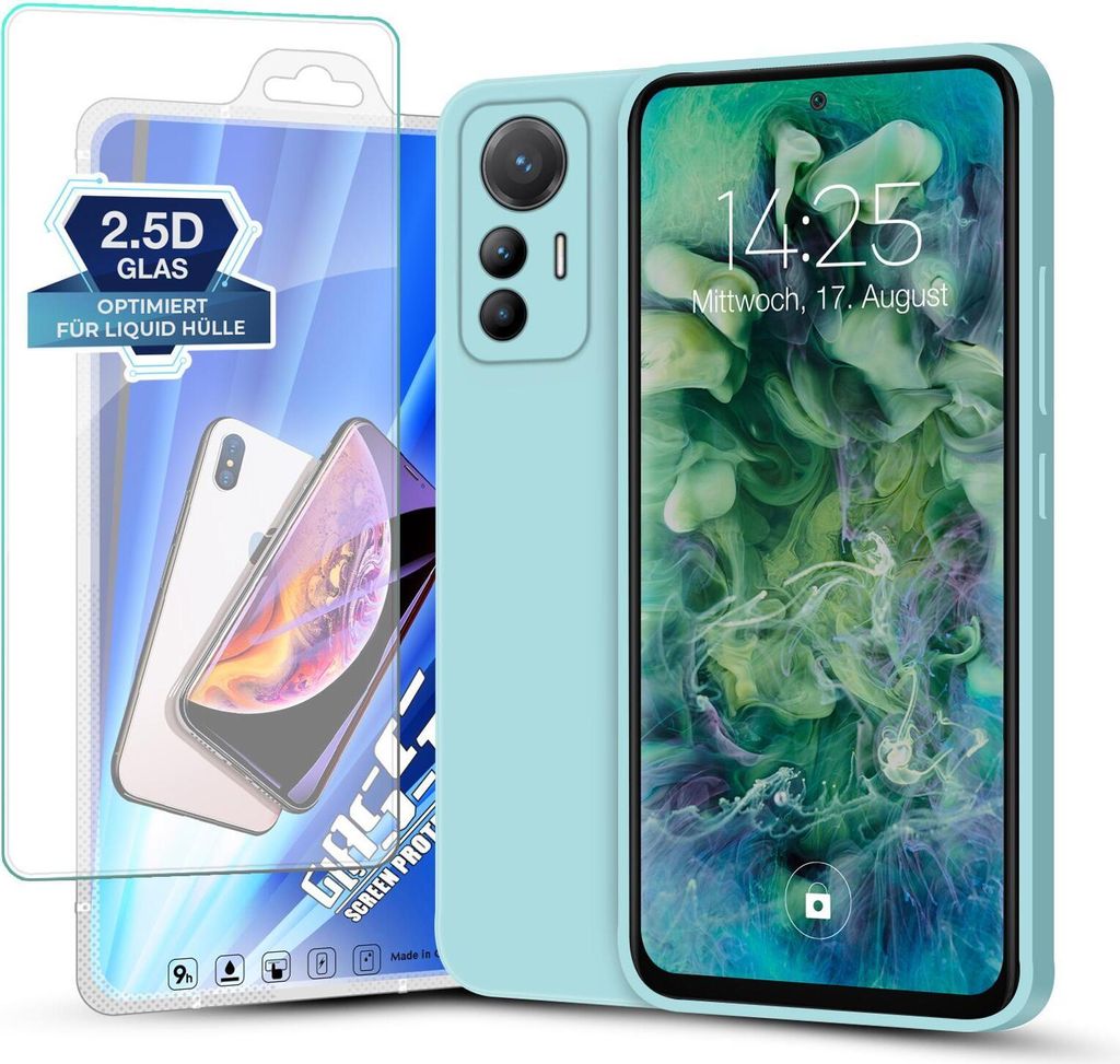 Hülle für Xiaomi 12 Lite mit 9H Displayglas Displayschutz Plus Case Cover Bumper Silikon Softgrip Schutzhülle Farbe: Hellblau