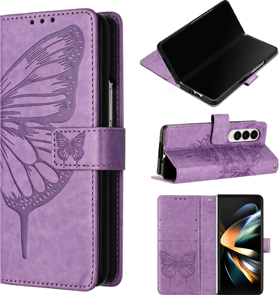 Cover Portafoglio Galaxy Z Fold3 Viola - Design Farfalle 3D con Stand