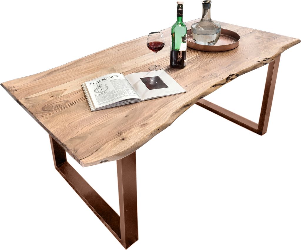 TPFLiving Tisch 180x100 cm, Akazie natur, 56 mm Platte Akazie, Gestell Stahl Platte natur, Gestell braun