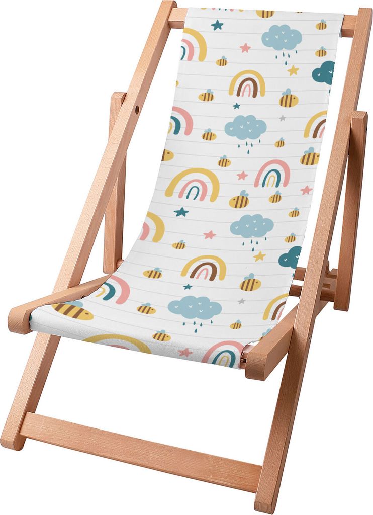 Dreamroots Kinder Liegestuhl klappbar Holz,bis zu 130 kg, Sonnenliege klappbar mit 3-stufiger Neigungsregulierung der Rückenlehne, Rainbow and Bee