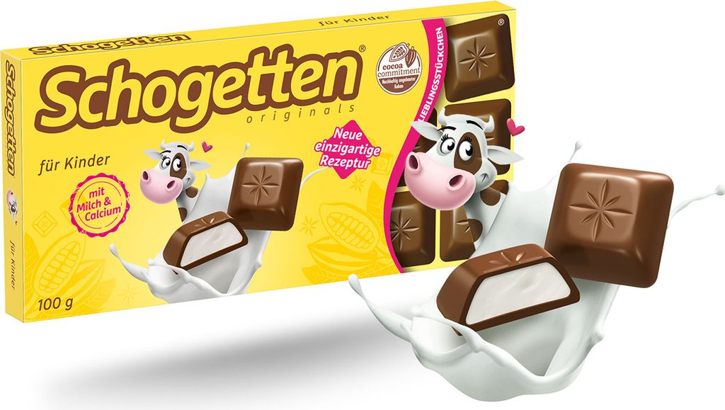 A box of Schogetten chocolates with some chocolates spilling out into milk.