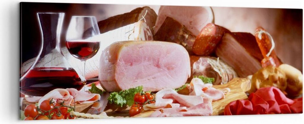Bild auf Leinwand - Leinwandbild - Essen Essen Wurst Kräuter - 140x50cm - Wand Bild - Wanddeko - Leinwanddruck - Bilder - Kunstdruck - Wanddekorat...