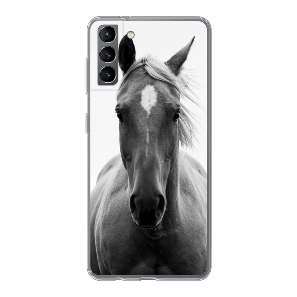 MuchoWow Handyhülle Schutzhülle Hülle für Samsung Galaxy S21 Plus Pferd - Tier - Schwarz - Weiß Silikon Softcase Handy Hülle - Handy-Tasche