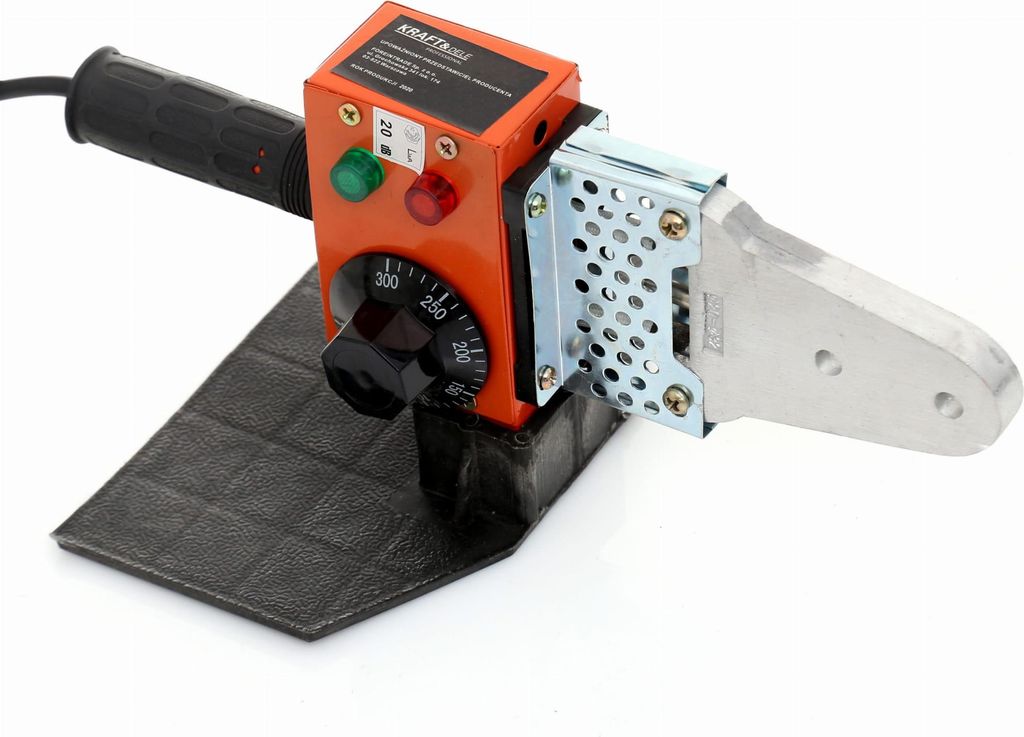 A product shot of a polyfusion welding tool on a white background.