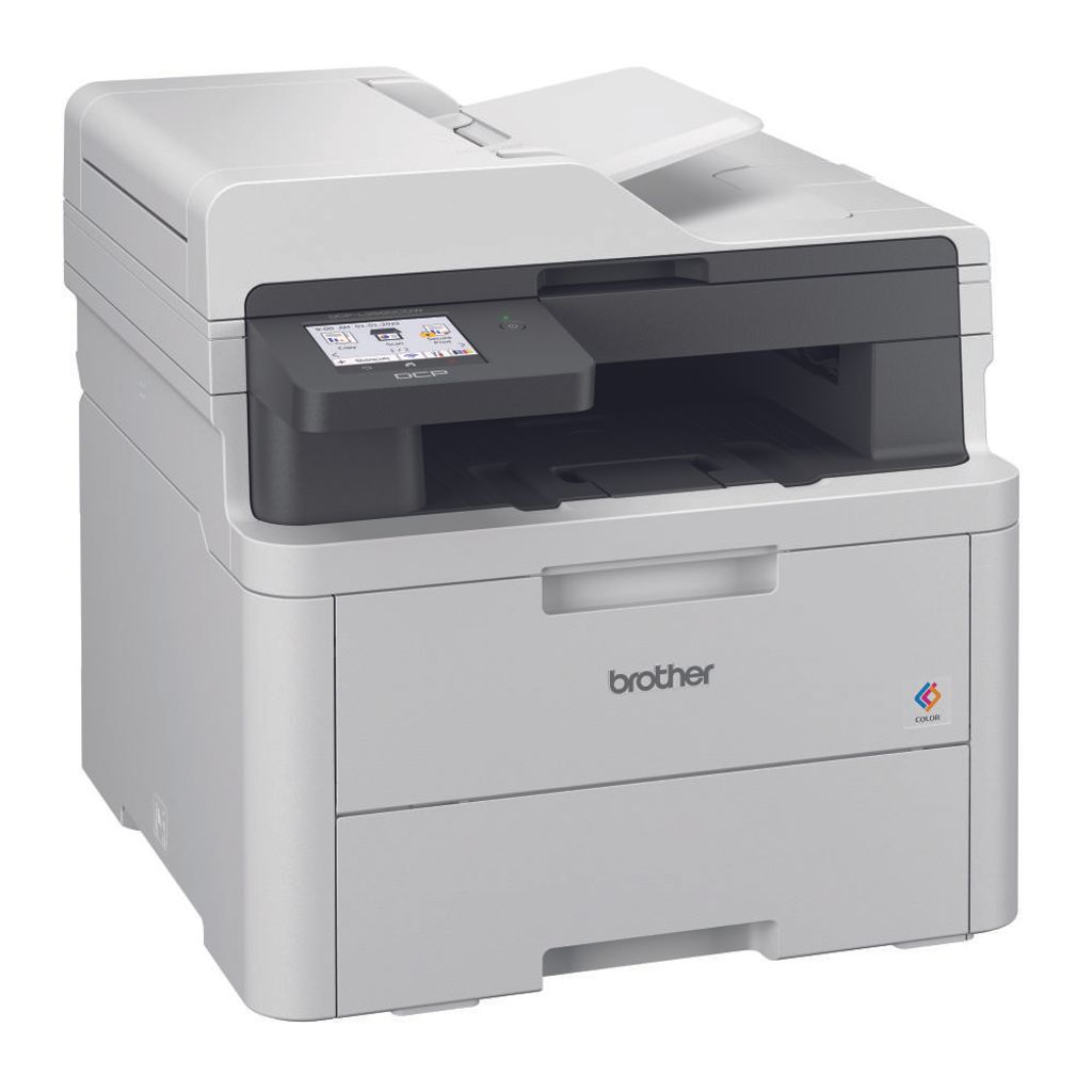 A studio shot of a Brother color laser printer.