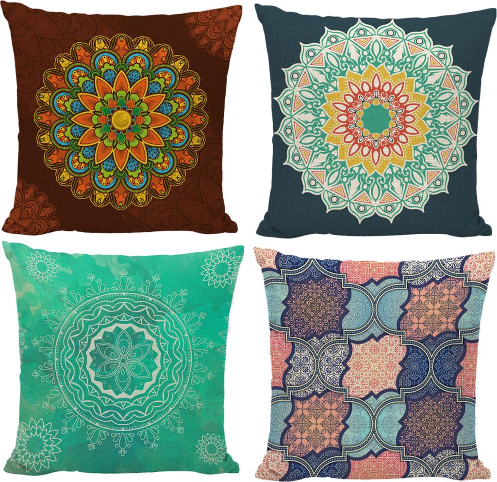 CANDeal 4er Set Dekorativ Kissenbezug Mandala Muster 45 x 45cm Sofa Büro Dekor Kissenhülle aus Leinen (Set 6)