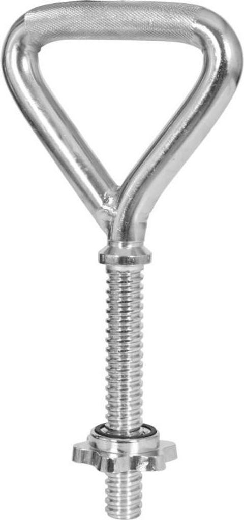 A close-up studio shot of a dumbbell handle with a star lock.
