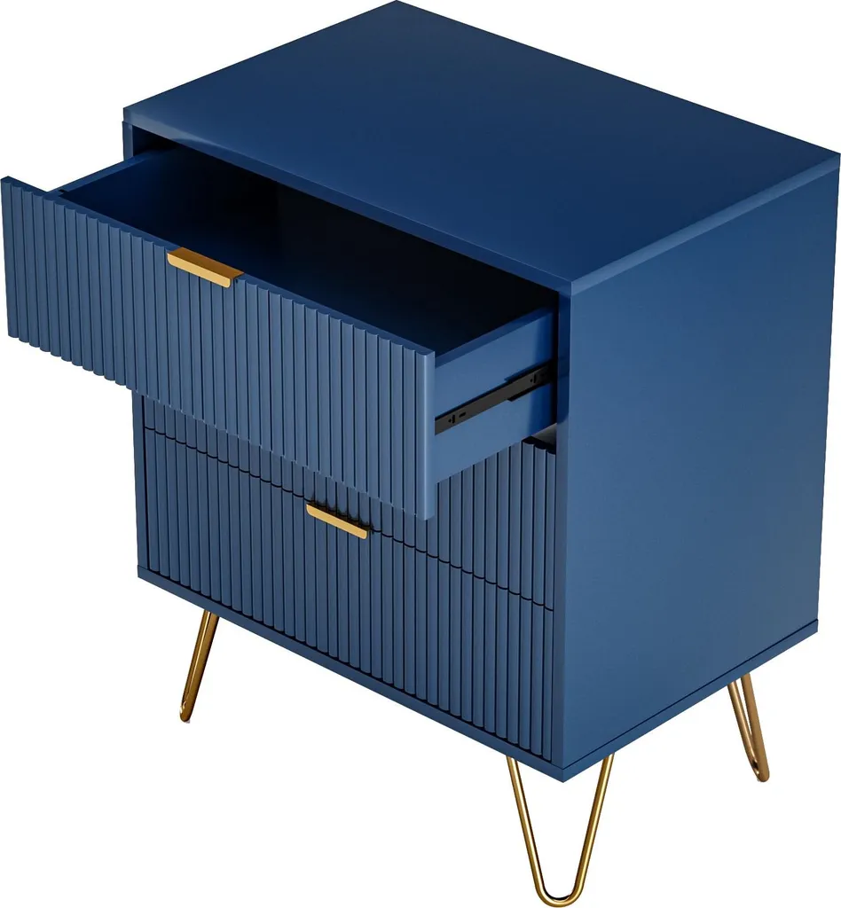 Cassettiera 3 Cassetti Con Gambe Dorate E Linee Verticali - Comò In MDF E Metallo Per Camera Da Letto - Blu Scuro