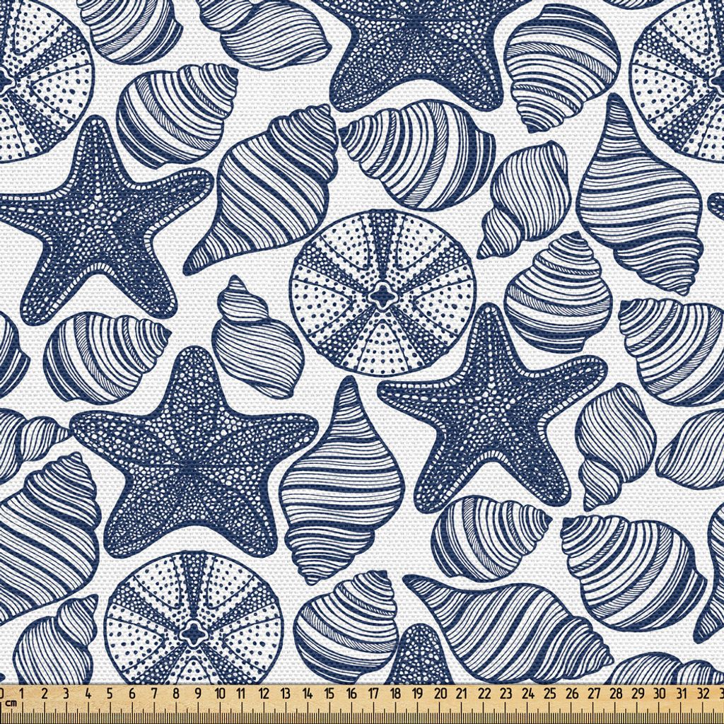 ABAKUHAUS Blau und weiß Gewebe als Meterware, Seesterne Muscheln und Seeigel Monochrom nautische Illustration, 2 M (148 x 200 cm), Dunkelblau und ...