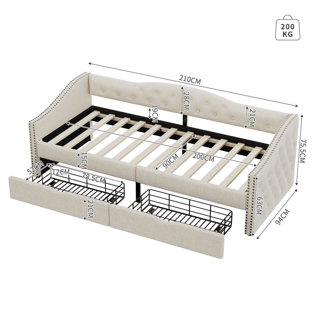 Łóżko tapicerowane Flieks 90x200cm z 2 szufladami, sofa Zdjęcie produktu 4