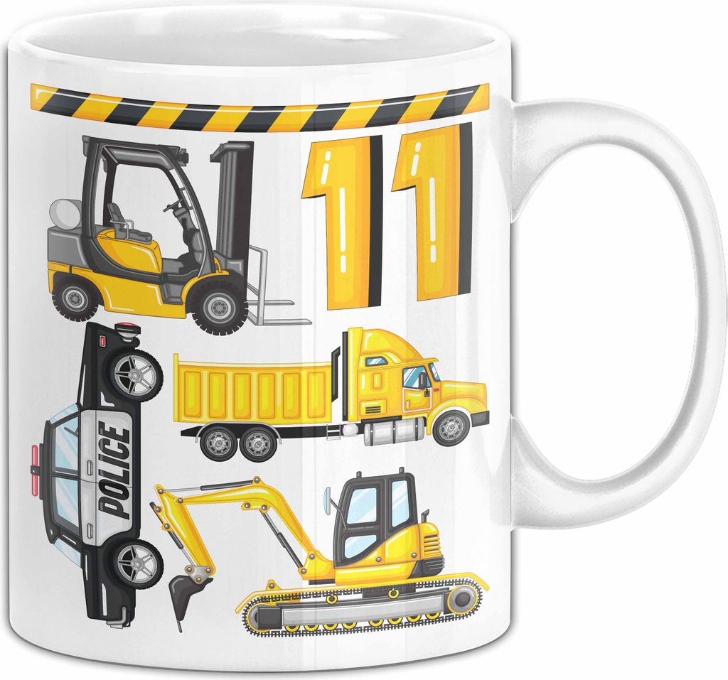 11. Geburtstag Geschenk Tasse Becher Jungen Jungs Baustelle Polizei Geburtstagsgeschenk 11 (Weiß)