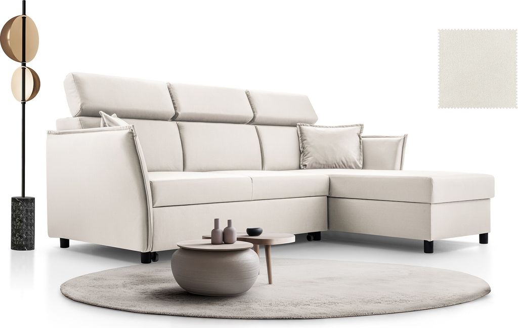 BETTSO Elegantes weißes MONROE Ecksofa mit verstellbaren Kopfstützen und Schlaffunktion Rechts