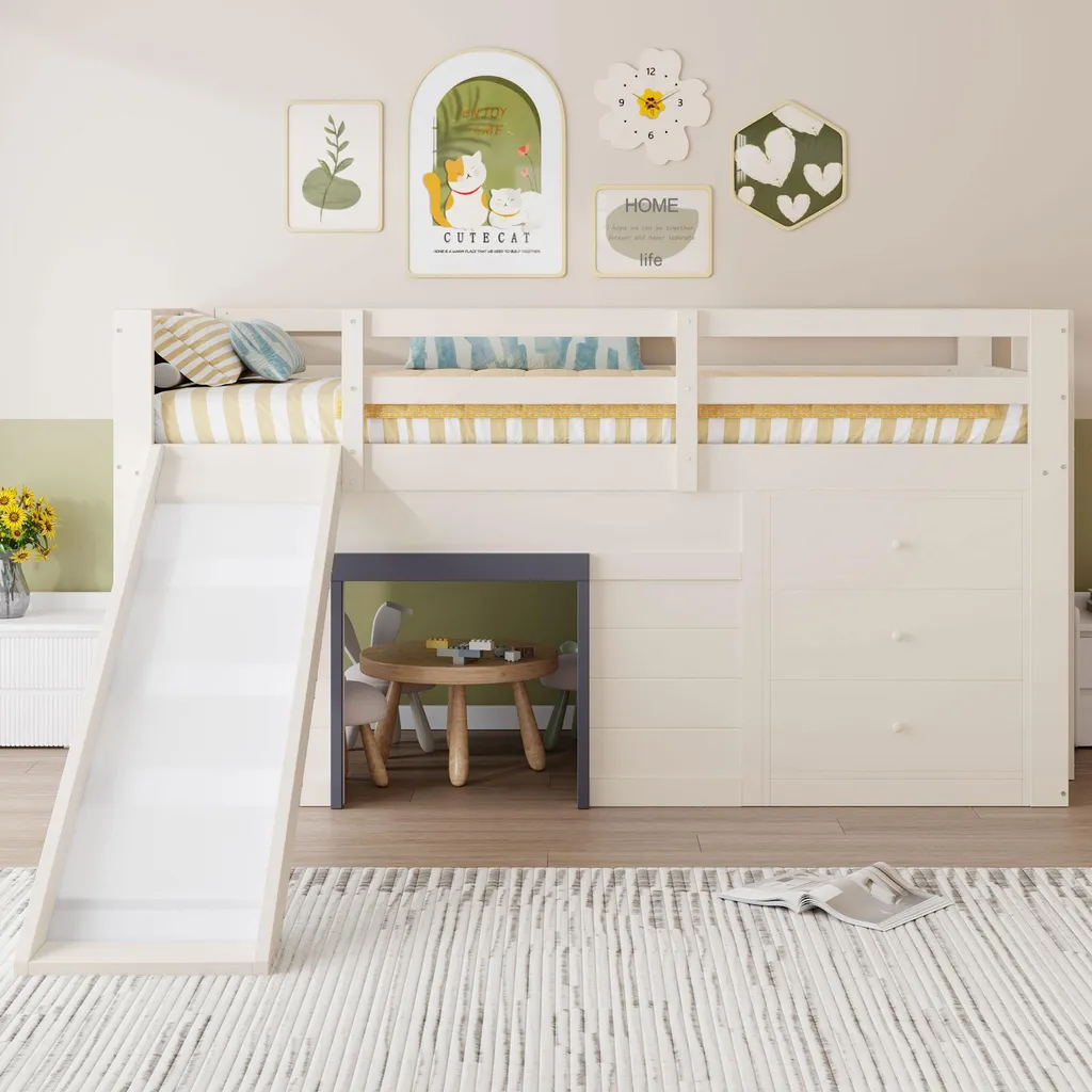 Lit Combiné Mezzanine 90x200 cm avec Escaliers et Rangements - Coloris Crème