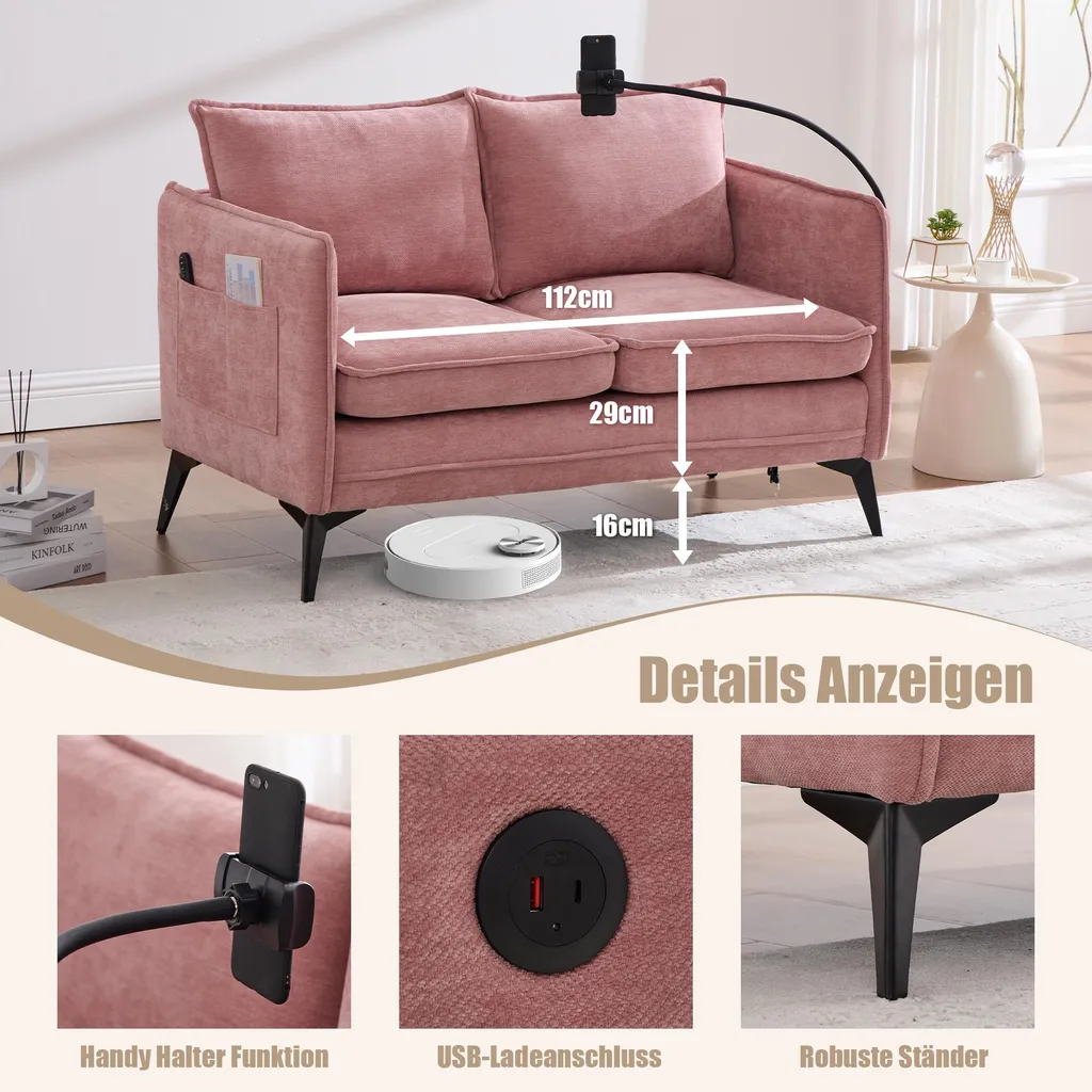 Canapé 2 places compact rose : fini les câbles courts avec USB et support