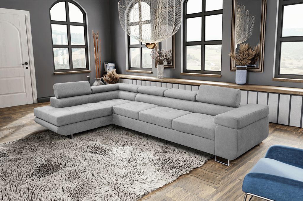 MargaretHadas24 Ecksofa L Form Marlene IV, 347x202, mit Schlaffunktion Bettkasten Couch mit verstellbaren Kopfstützen Samtstoff linke Seite, hellgrau