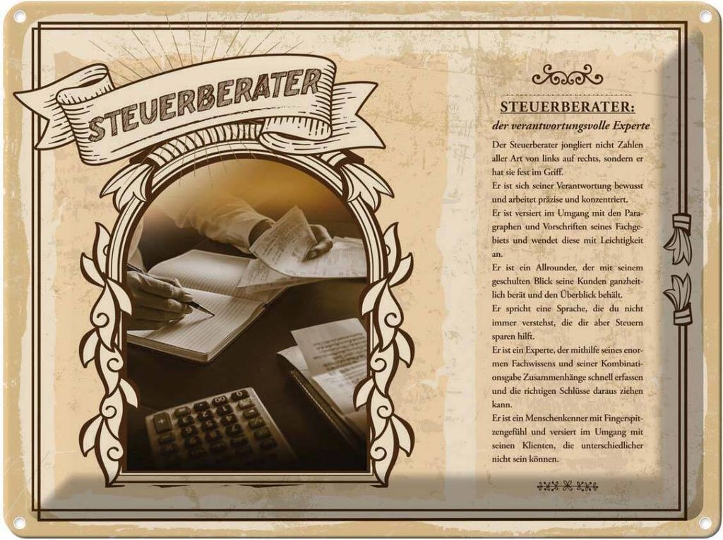 vianmo Blechschild 30x40 cm Steuerberater Experte Steuern Produktbild 