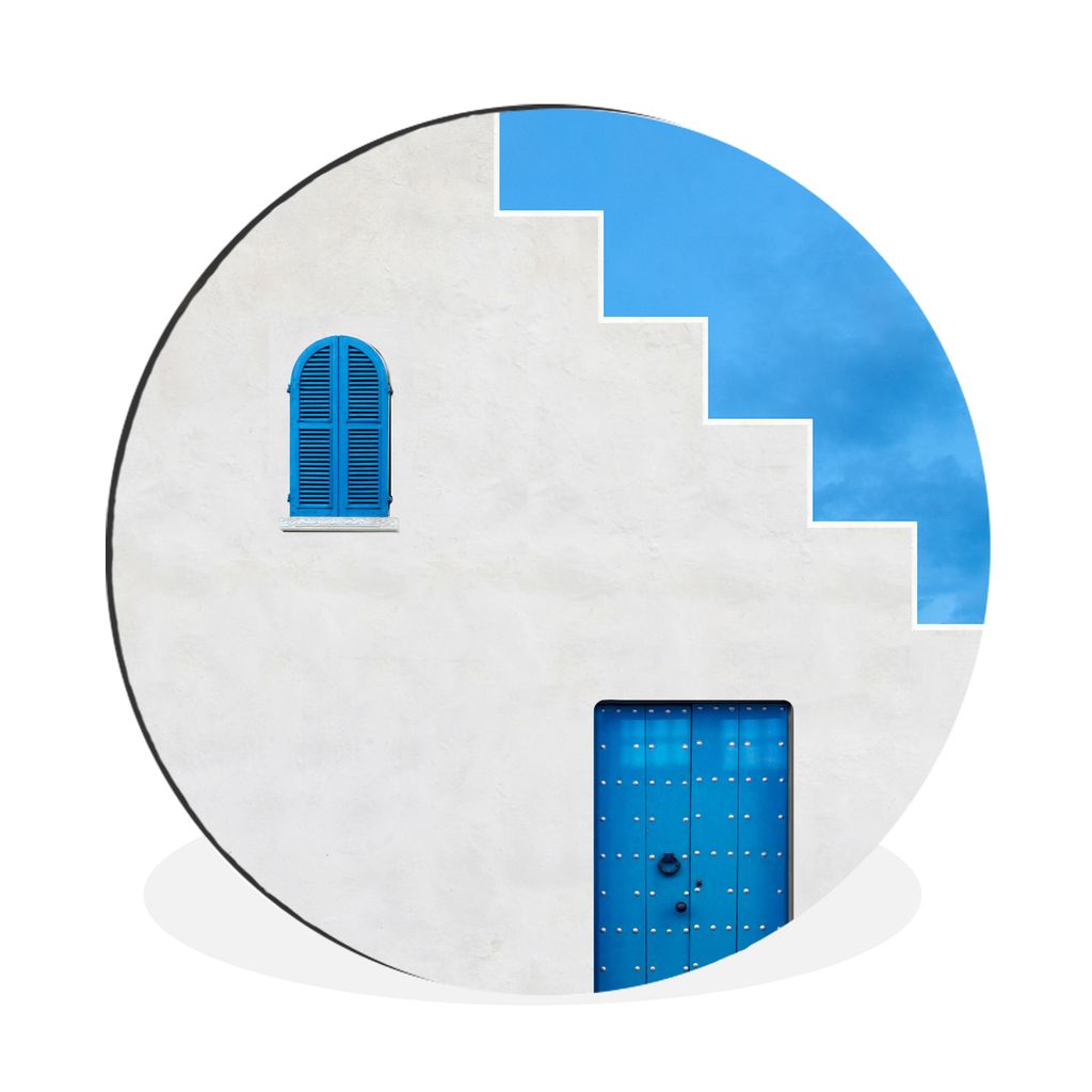 MuchoWow Aluminium Wandkreis Haus - Blau - Weiß - Tür Ø 30 cm Wanddeko Modern Wohnzimmer - Wand Bild - Wohnzimmer - Runde Bilder - Alubilder -...