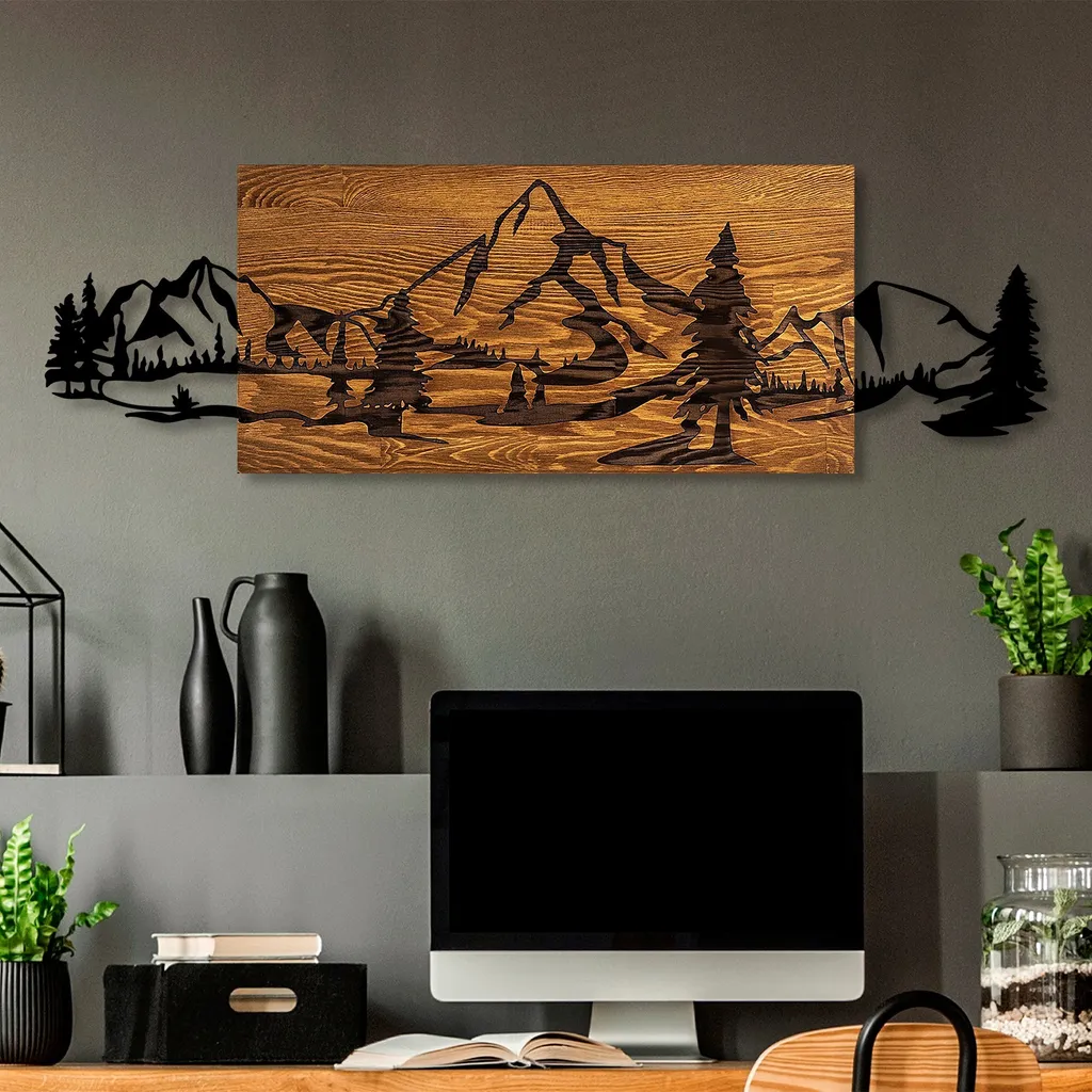 Wallity Mountain Range Décoration Murale Noyer et Métal - 30 x 95 cm