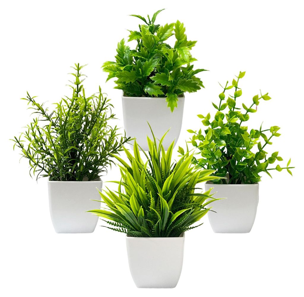 4 Mini-Kunstpflanzen im Topf, kleine künstliche Pflanzen mit Topf für Zuhause, Büro, Tischregal, Badezimmerdekoration im Landhausstil