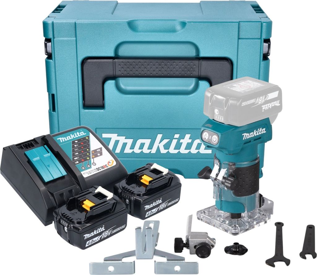 Makita DRT 52 RMJ Akku Kantenfräse 18 V 6 mm Brushless + 2x Akku 4,0 Ah + Ladegerät + Makpac