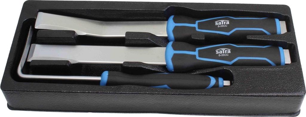 A set of three car body separator chisels and an L-shaped wrench are neatly arranged in a black foam insert within a black box.