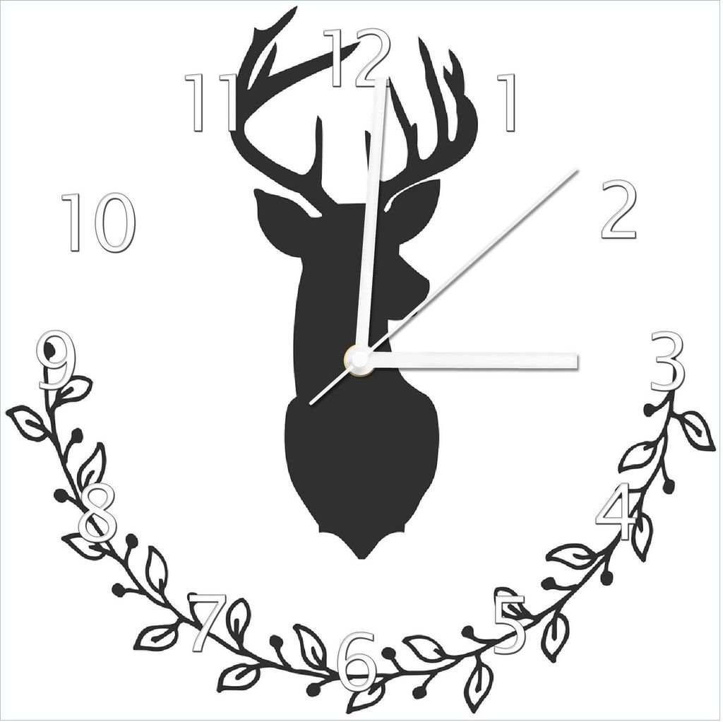 Wallario Design Wanduhr Schwarze Hirsch Silhouette mit Zweigen - schwarz weiß aus Echtglas, Größe 30 x 30 cm