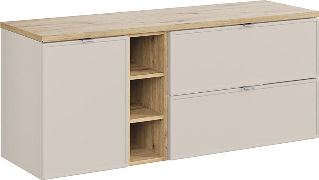 Badezimmer-Waschtischunterschrank 140 cm in Kaschmir & Eiche mit Wäschekorb, 2 Schubladen & 3 Fächern - BIBIONE-56