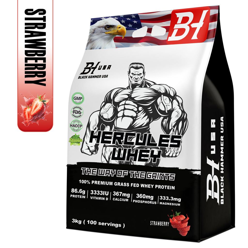 Hercules Whey Protein 3 kg Erdbeere – 86,6 g Protein mit Vitamin D & Magnesium –Fitness,Muskelaufbau & Recovery –Premium Eiweißpulver Black ...
