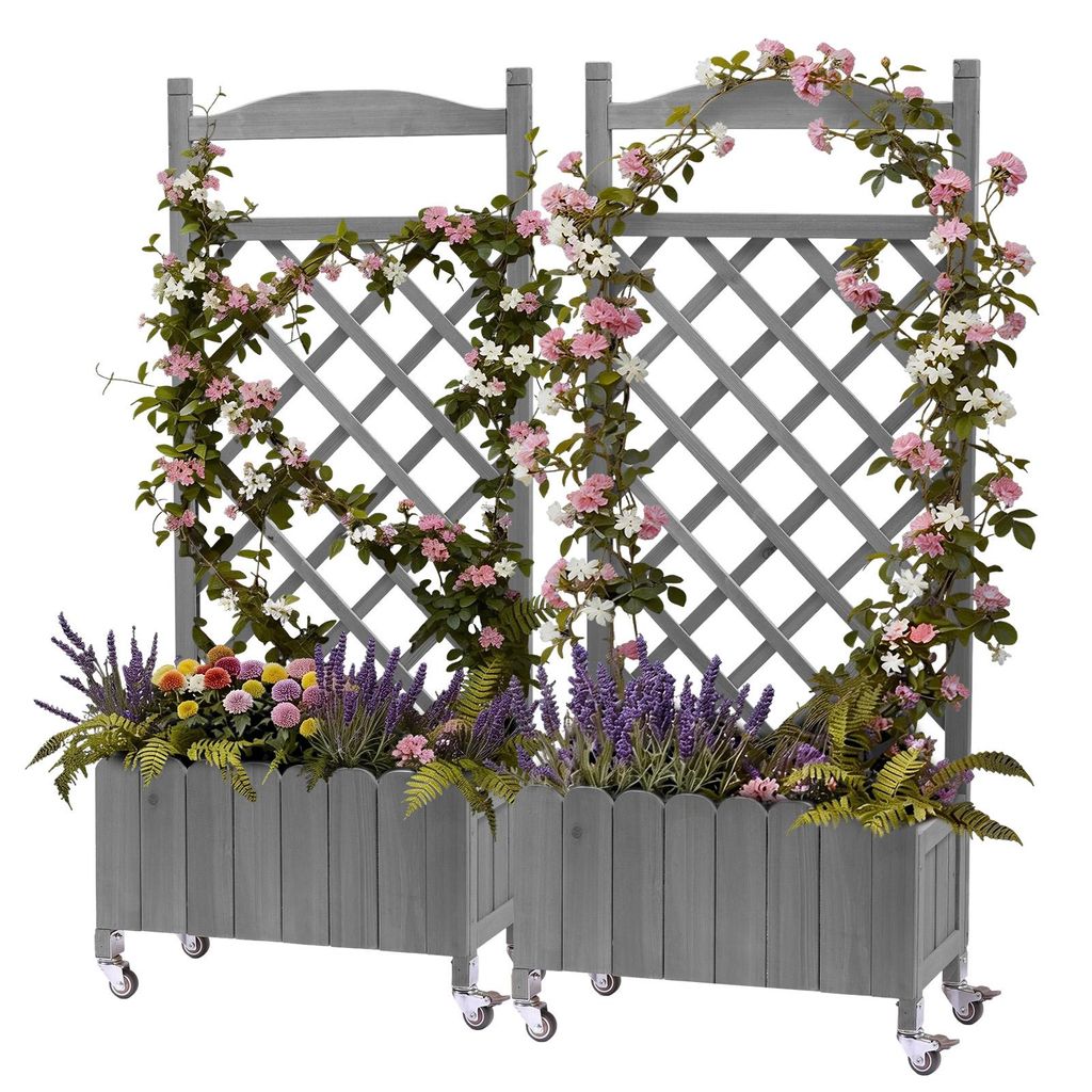 2 x Rankgitter Pflanzkasten mit Rollen, Holz Hochbeet mit Spalier, wetterbeständiger Pflanzenkübel mit Drainagelöchern, mobiler Blumenkasten 2stk.