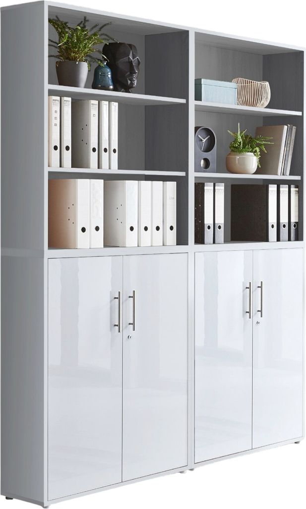 Aktenschrank TABOR 11 in lichtgrau / weiß Hochglanz, Schrankwand, Büroschrank, abschließbar, Metallgriffe