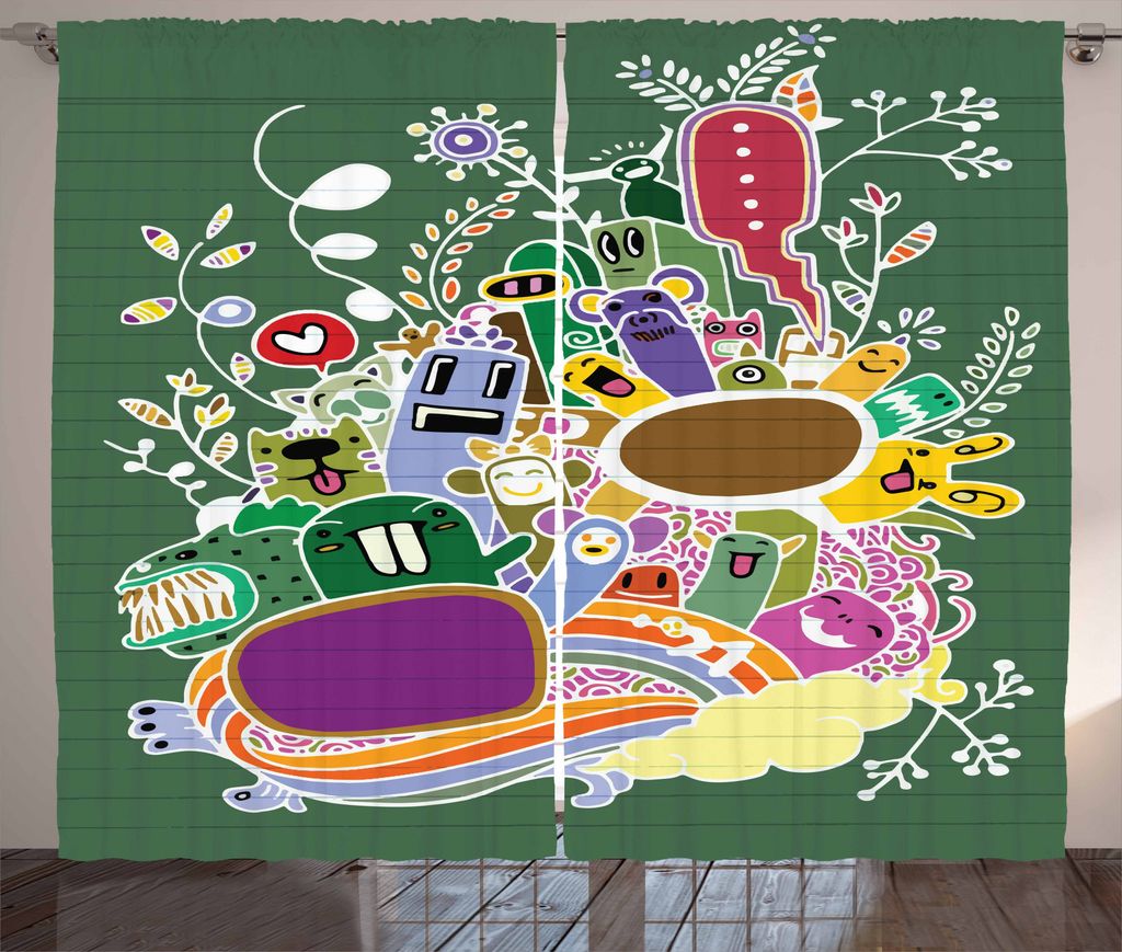 ABAKUHAUS Kindergarten Rustikaler Gardine, Monster und Tiere, Schlafzimmer Kräuselband Vorhang mit Schlaufen und Haken, 280 x 175 cm, Mehrfarbig