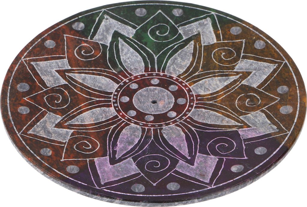Indischer Räucherstäbchenhalter Ø 10 cm aus Speckstein, Regenbogen Kerzenteller - Mandala 3, Mehrfarbig, Räucherstäbchen Halter