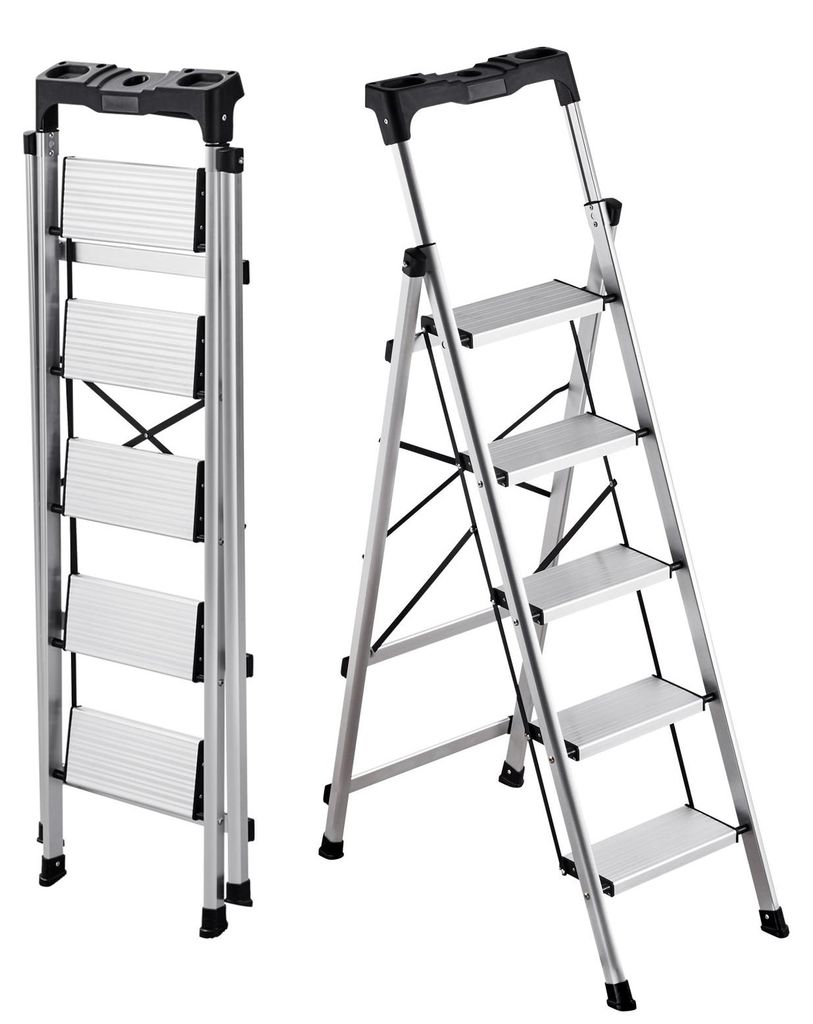 Trittleiter/Haushaltsleiter - Klappleiter 5 Stufen - Aluminium - Rutschfeste Stufen - Mit Handlauf - Belastbarkeit 150 kg - Silber