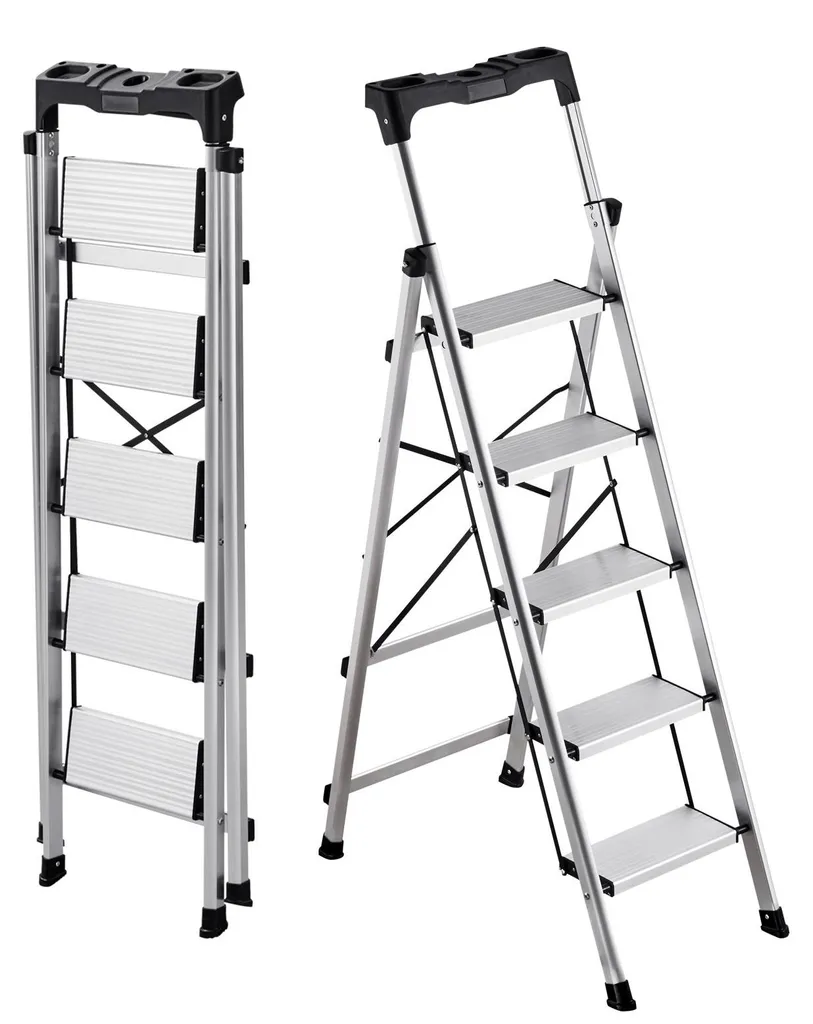 Échelle Pliante 5 Marches en Alu Argent - Escabeau Ménager avec Rampe 150kg