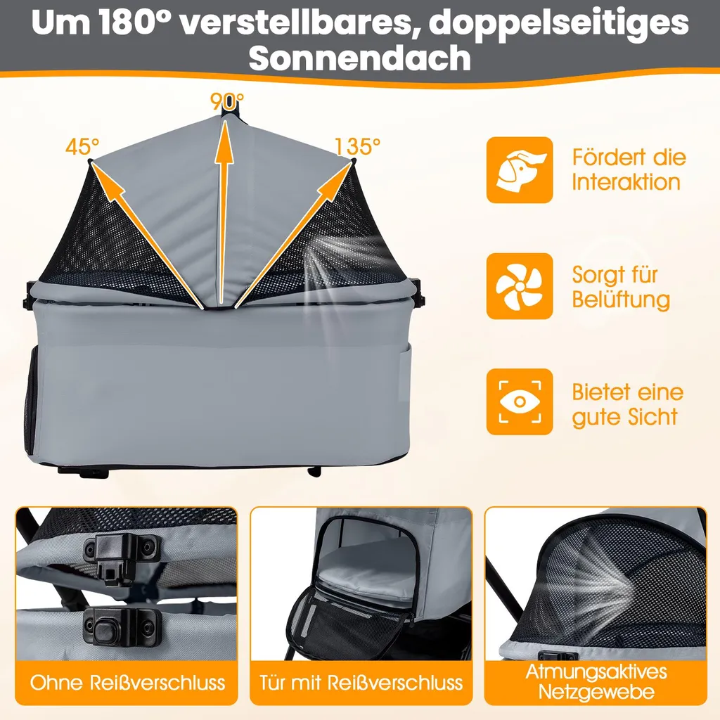 COSTWAY Passeggino per cani 3 in 1, passeggino per cani con tetto in rete regolabile, cestino e portabevande, passeggino per animali fino a 15 kg, cassa per cani pieghevole, metallo (grigio) - 5
