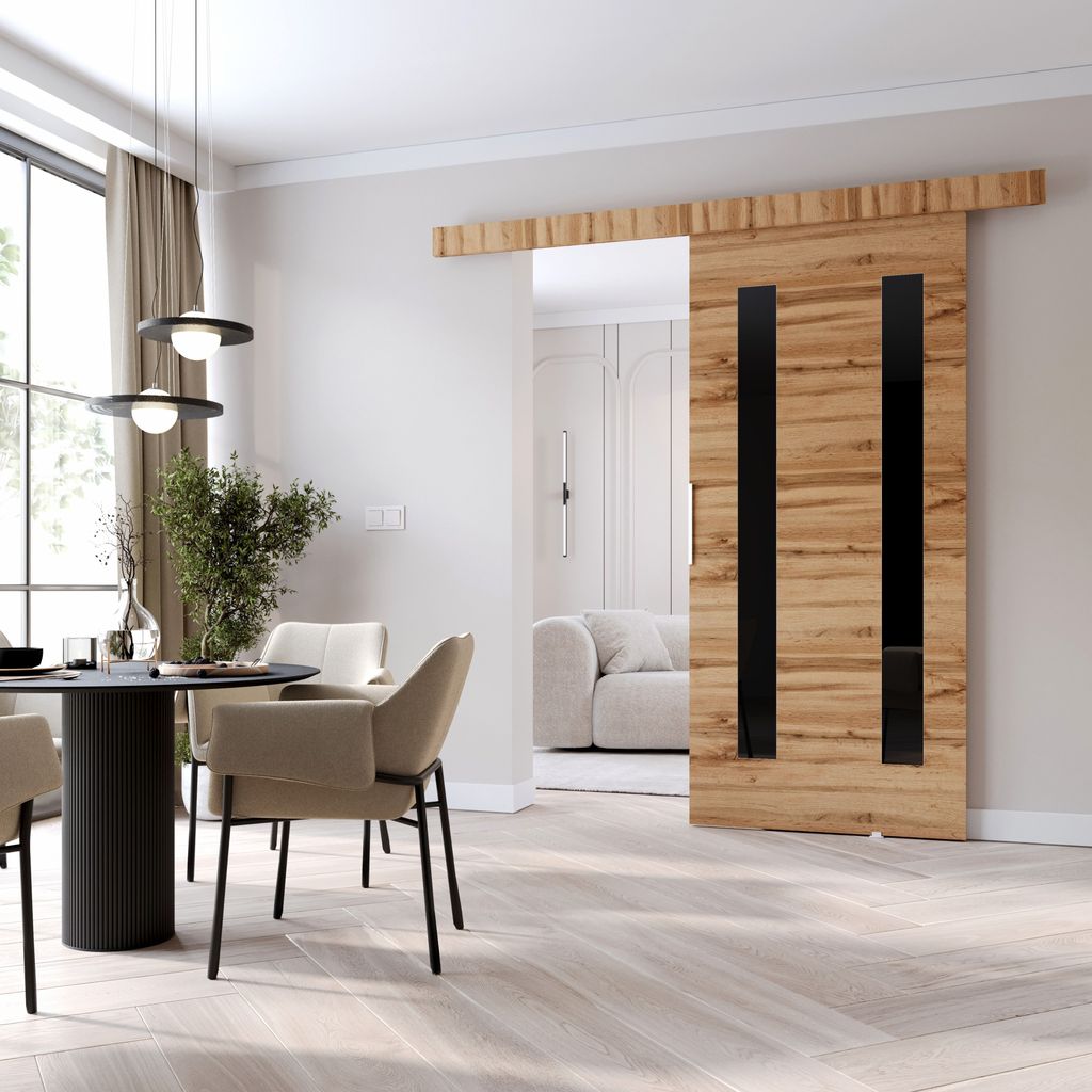 Schiebetür BARRET 8 - 86 cm, Eiche Wotan / Schwarz