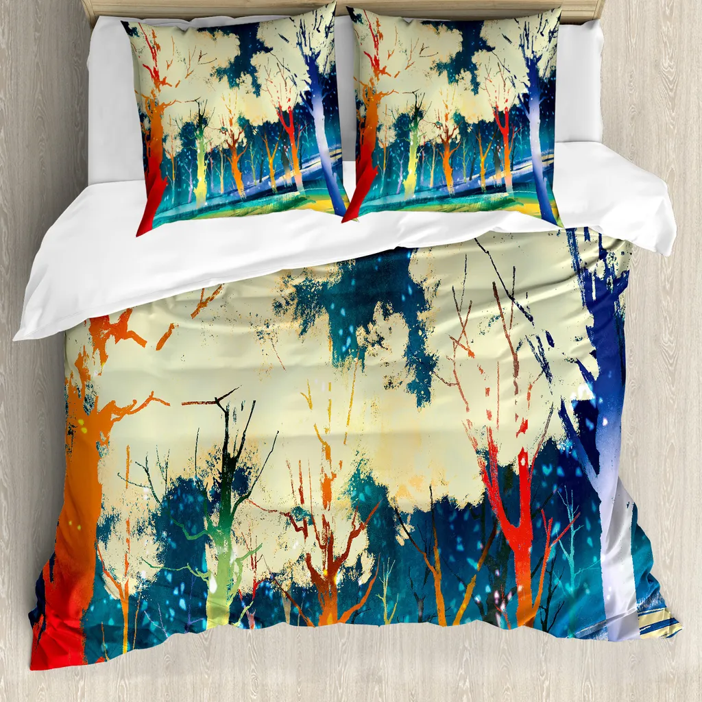 ABAKUHAUS Copripiumino fantasia, alberi Fiction Forest, antiacaro, adatto a chi soffre di allergie, con federe, 200 cm x 200 cm - 80 x 80 cm, multicolore