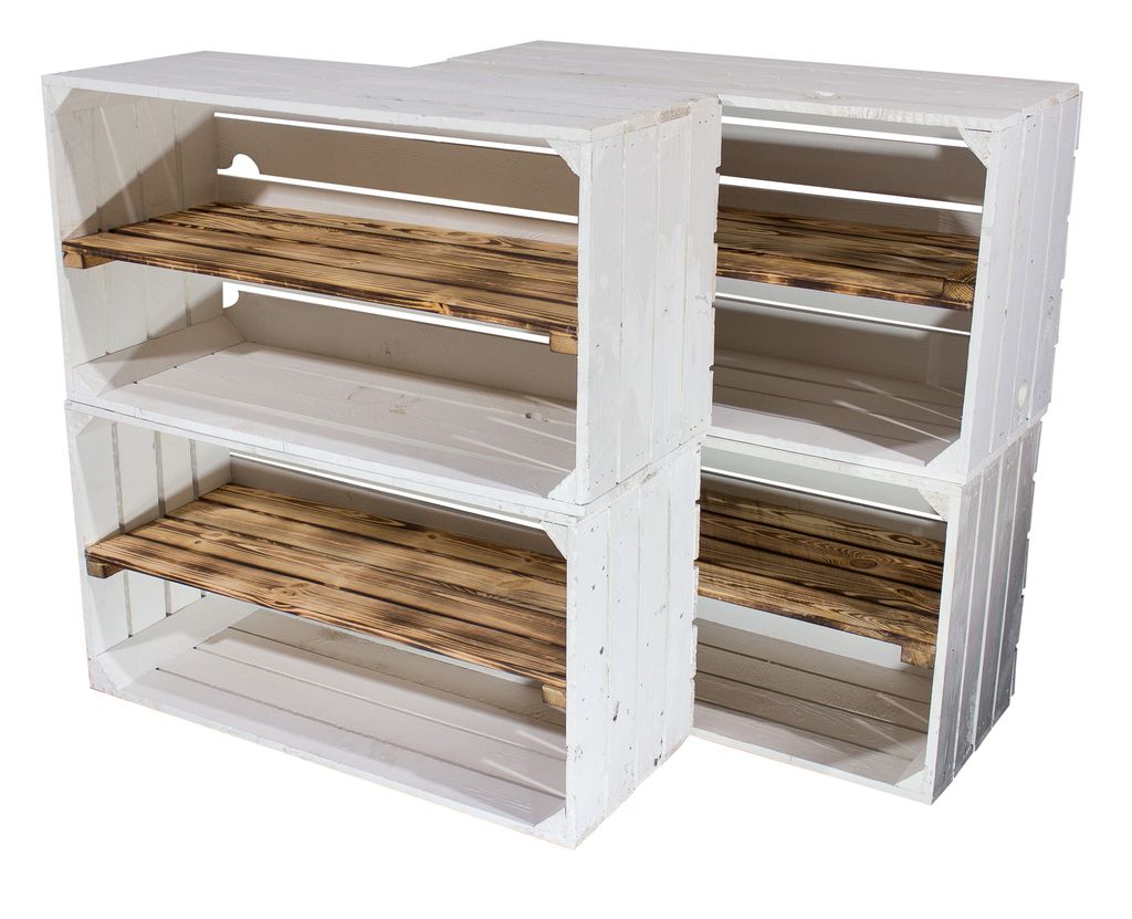 8er Set Breite weiße Obstkiste mit geflammtem Mittelbrett 68cm x 40cm x 31cm Holzregal Weinkisten quer mit Zwischenbrett Gartenmöbel Aufbewahrung...