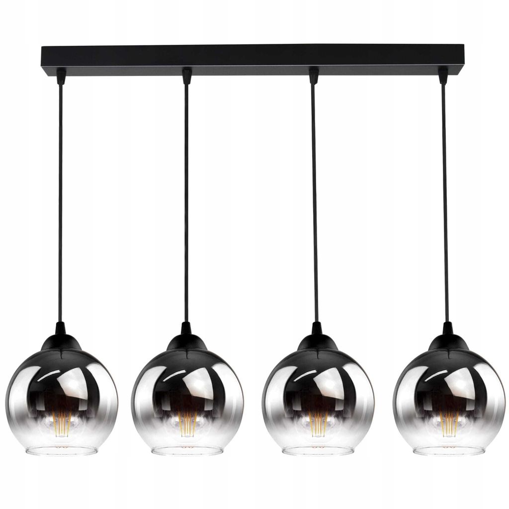 A modern pendant light fixture with four glass shades.