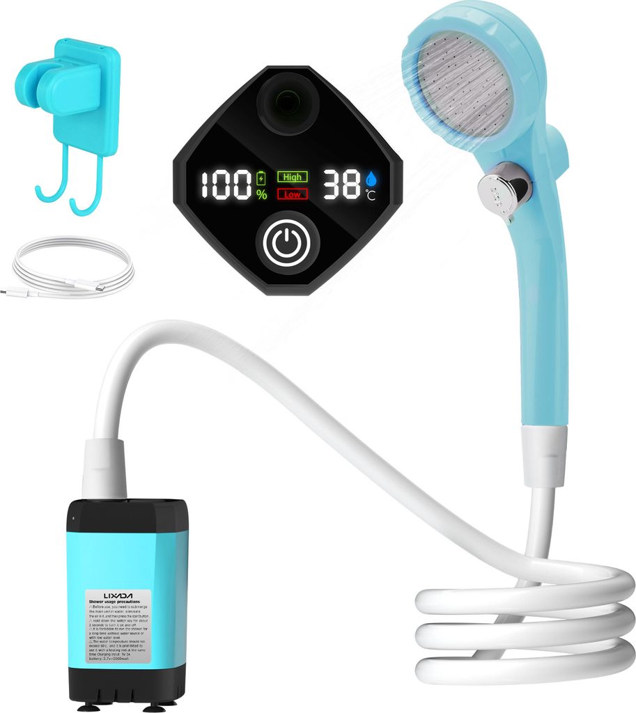 lixada Außenduschpumpe, tragbare Campingdusche, Wohnmobil-Außenduschset, 6000 mAh, Temperaturanzeige mit Wasserstopp-Kugelhahn, Blau