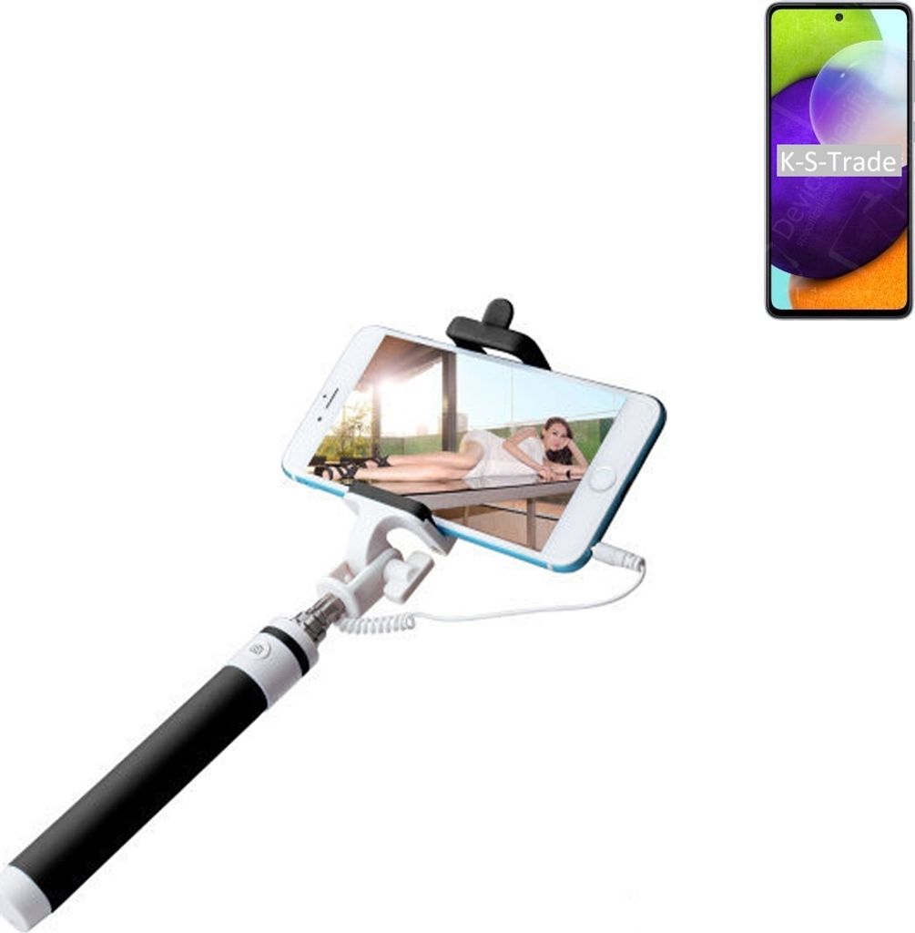 K-S-Trade Selfie Stick kompatibel mit Samsung Galaxy A52 Selfiestick kabelgebunden Monopod mit Kabel Stab Stange Selfportrait Handheldstick schwarz