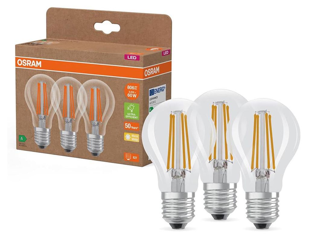 3er Pack OSRAM E27 Filament 3.8W warmweiss 2700K Produktbild 