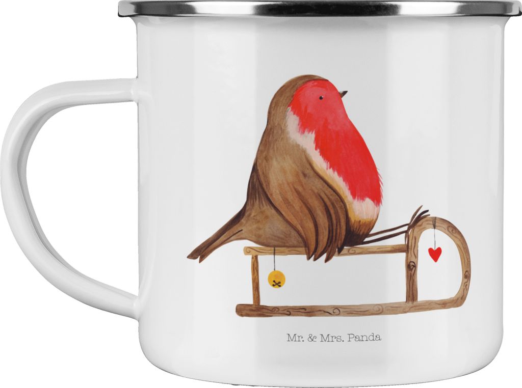 Mr. & Mrs. Panda Teetasse Rotkehlchen Schlitten - Weiß - Geschenk, Weihnachten, Emaille Tasse, Haferl, Becher, Pott, Vogel