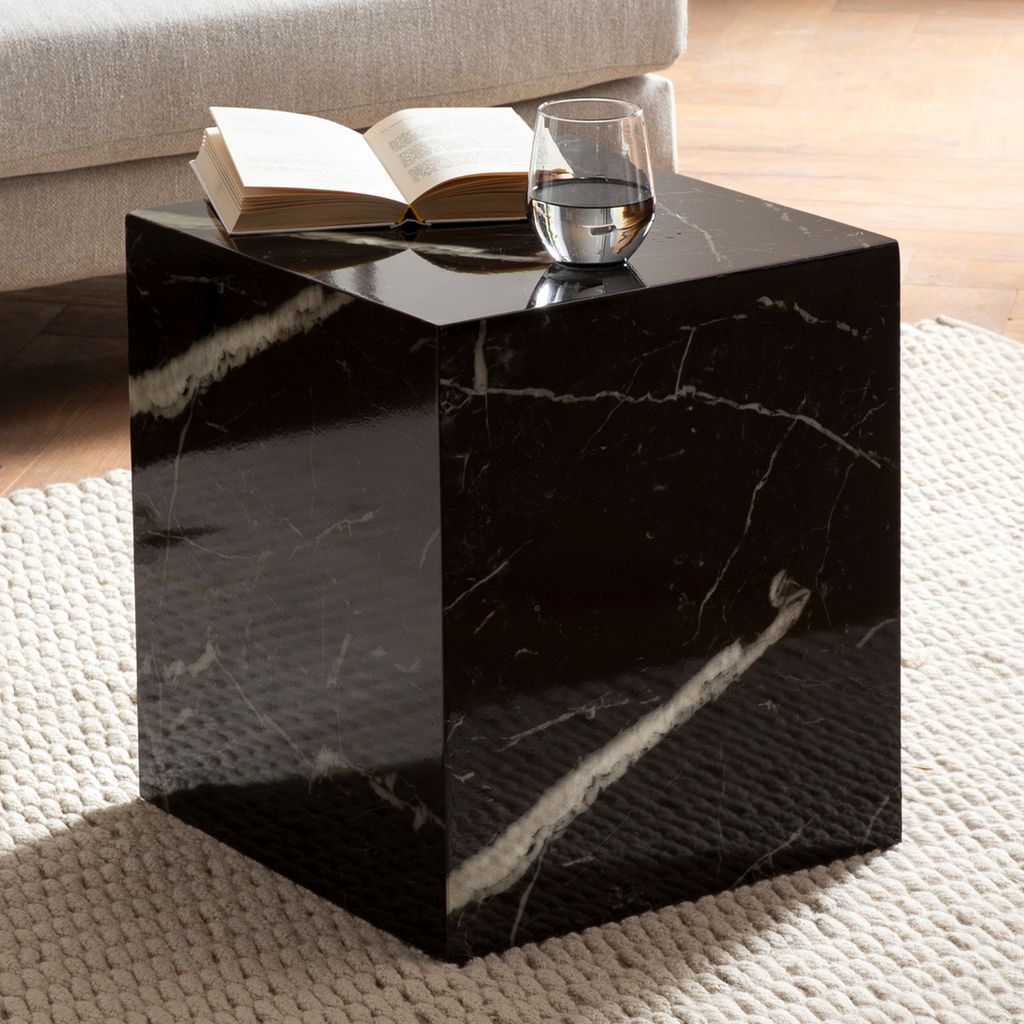 FineBuy Couchtisch MONOBLOC 40 cm Hochglanz mit Marmor Optik Schwarz Wohnzimmertisch Cube Quadratisch Sofatisch Lounge Beistelltisch Würfel-Form